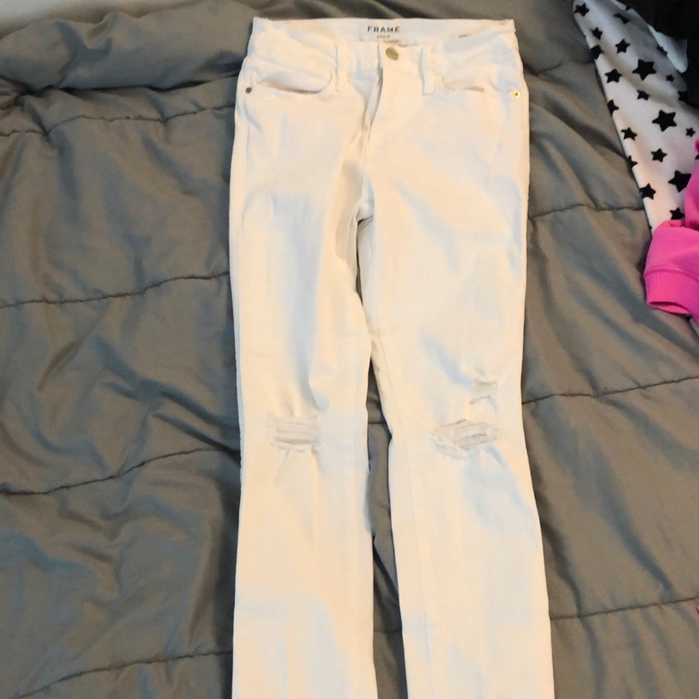 Frame denim White high rise skinny jeans with rips